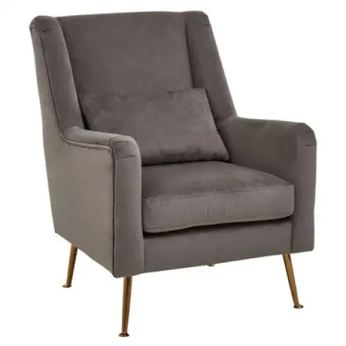 Doucet Grey Velvet Chair With Gold Finish Legs - Arm Chair