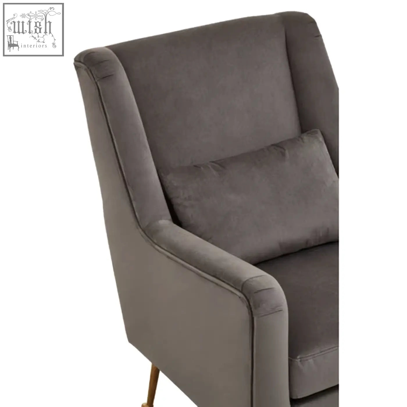 A plush grey velvet doucet chair with matching cushion and elegant gold finish legs for stylish seating