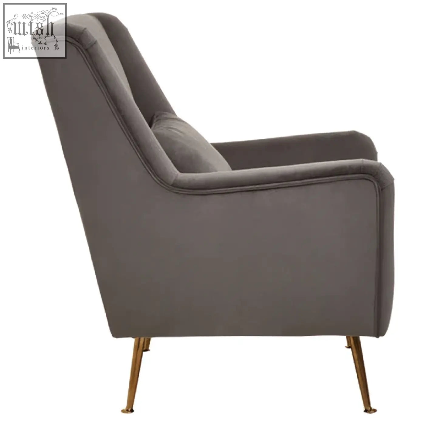 A sleek doucet grey velvet chair with elegant gold finish legs perfect for stylish seating