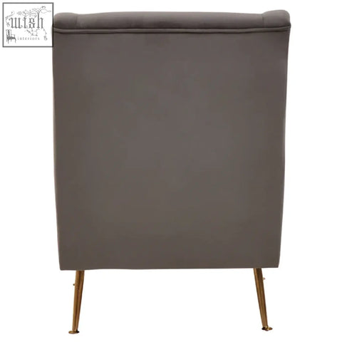 Doucet grey velvet chair with gold finish legs featuring plush grey velvet and stylish gold finish legs
