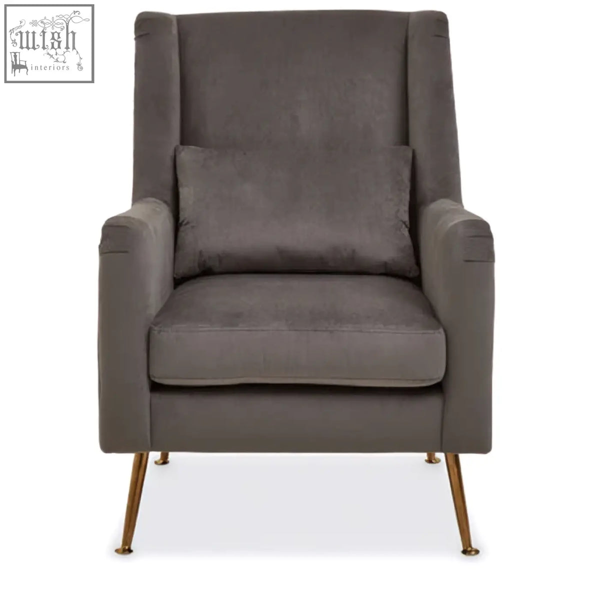 Gray velvet doucet chair with gold finish legs and sleek gold-tone metal frame for stylish seating
