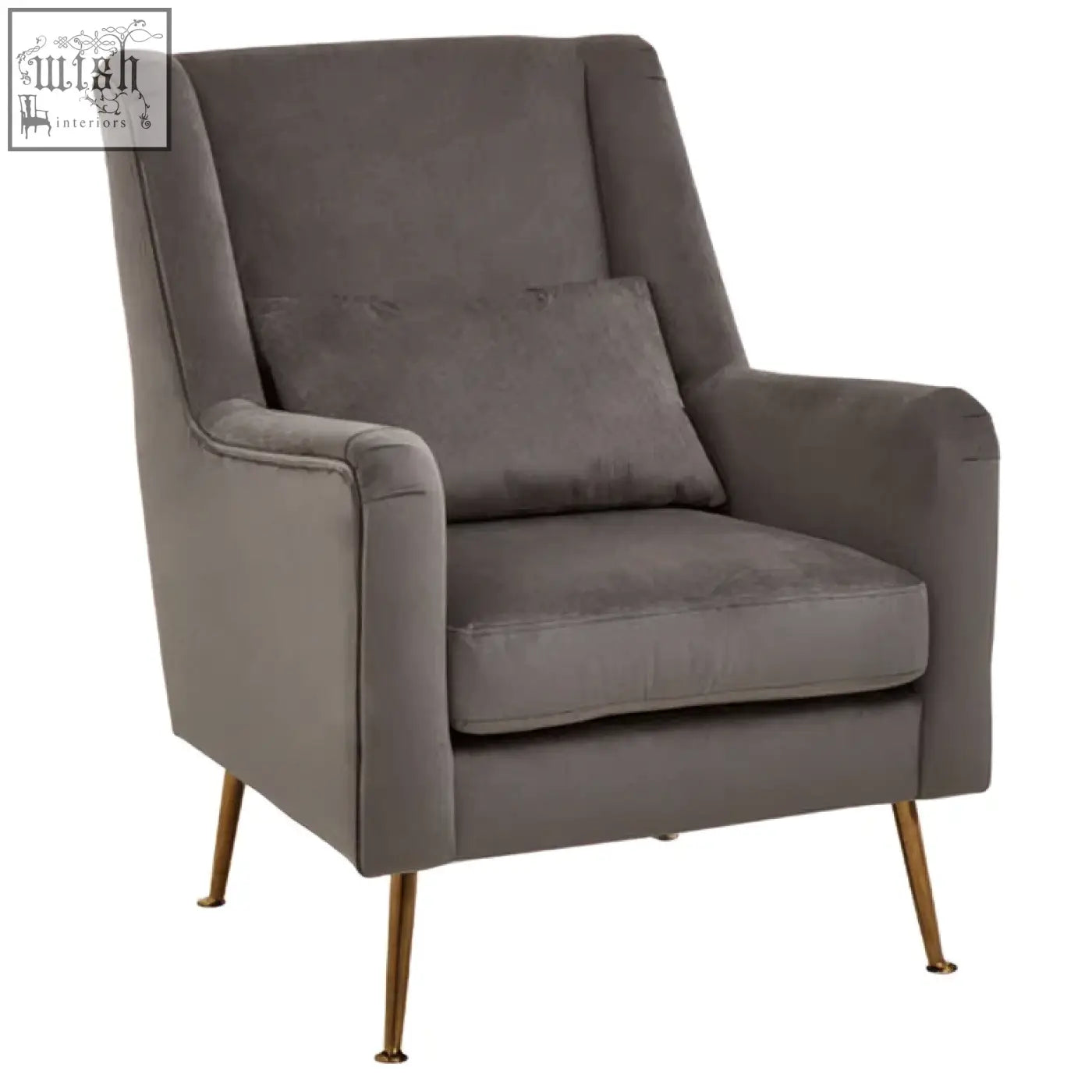 Gray velvet armchair with tufted back and stylish gold finish legs perfect for modern living spaces
