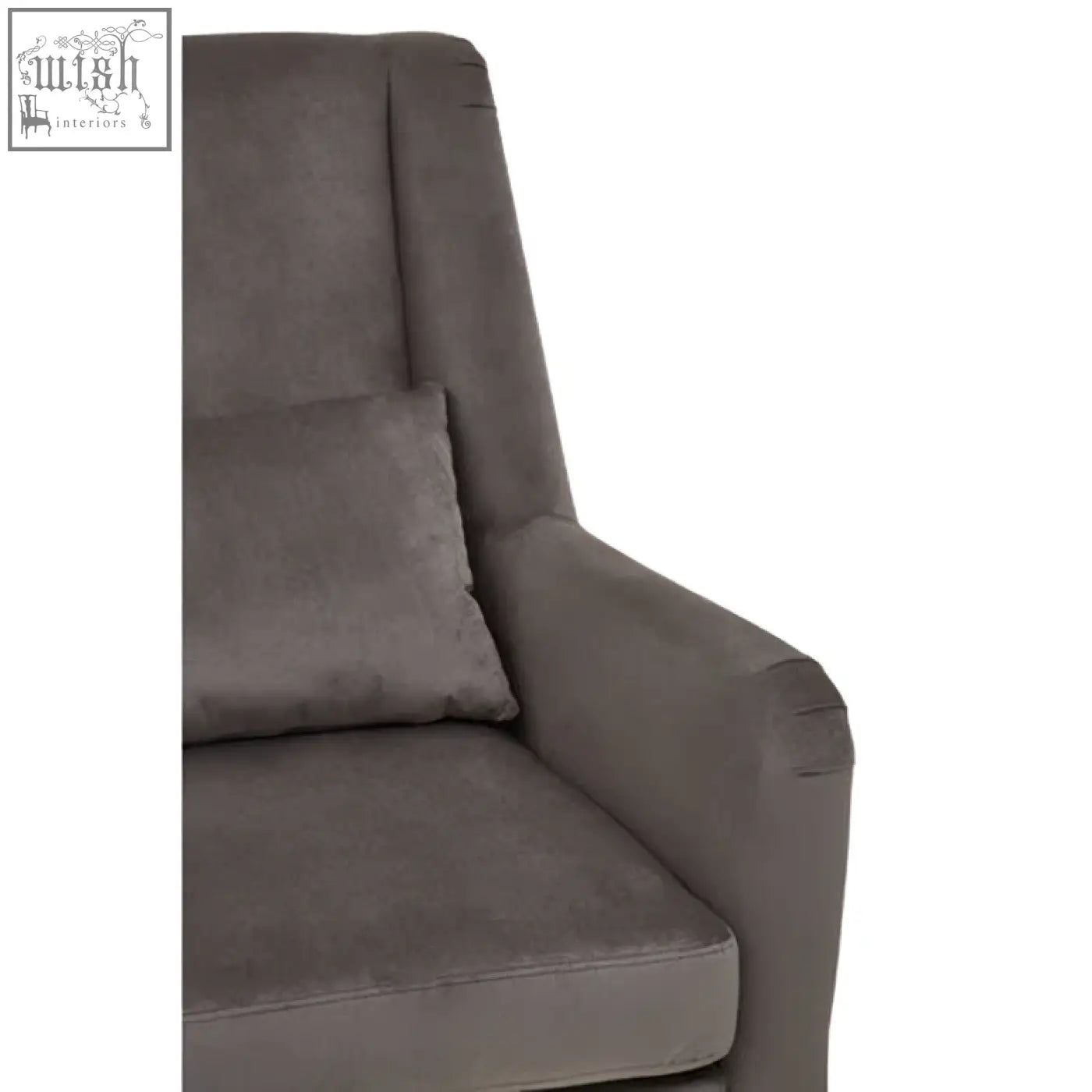 Gray velvet doucet chair with matching cushion and gold finish legs for stylish comfy seating