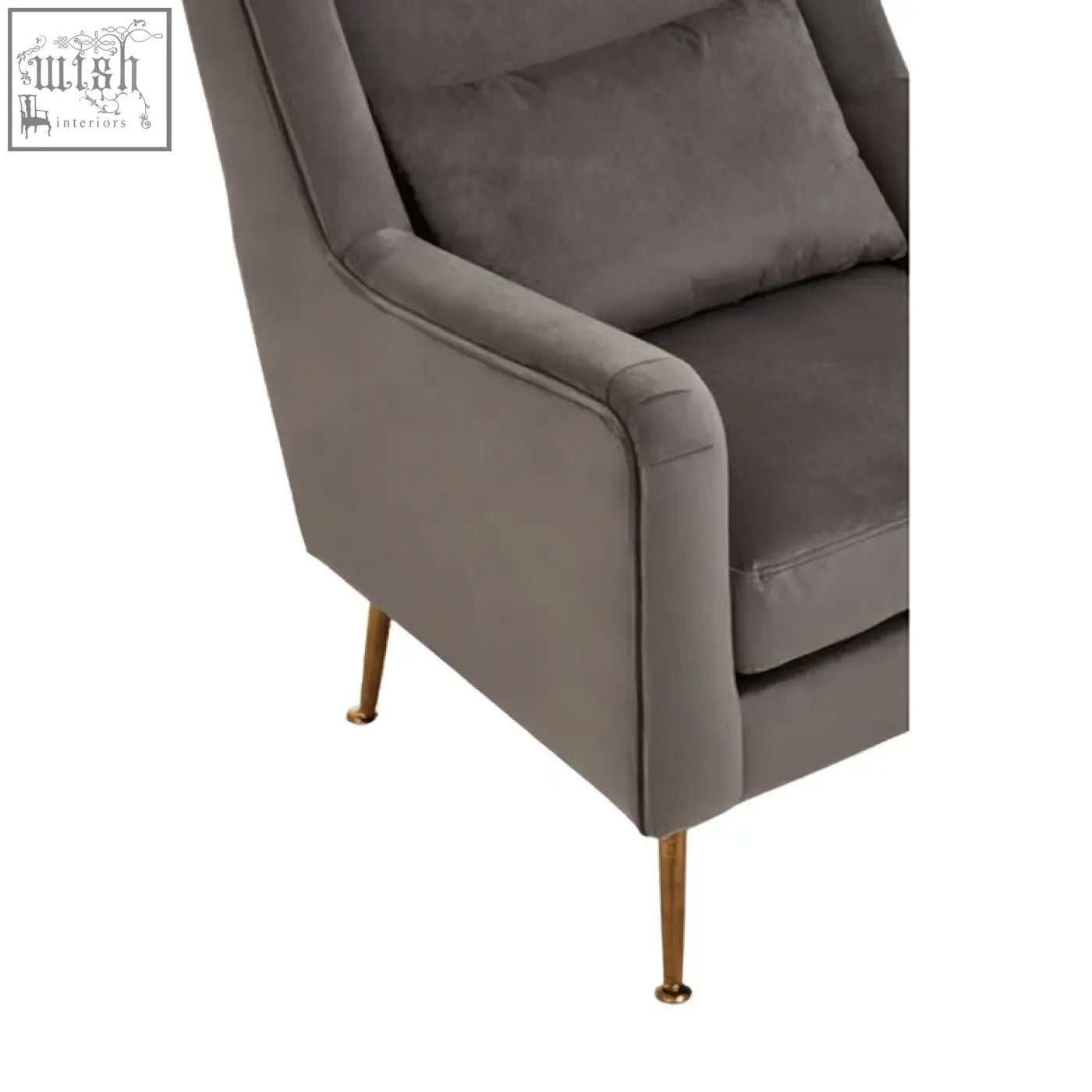 Gray velvet armchair with gold finish legs featuring soft upholstery and sleek gold-tone metal base