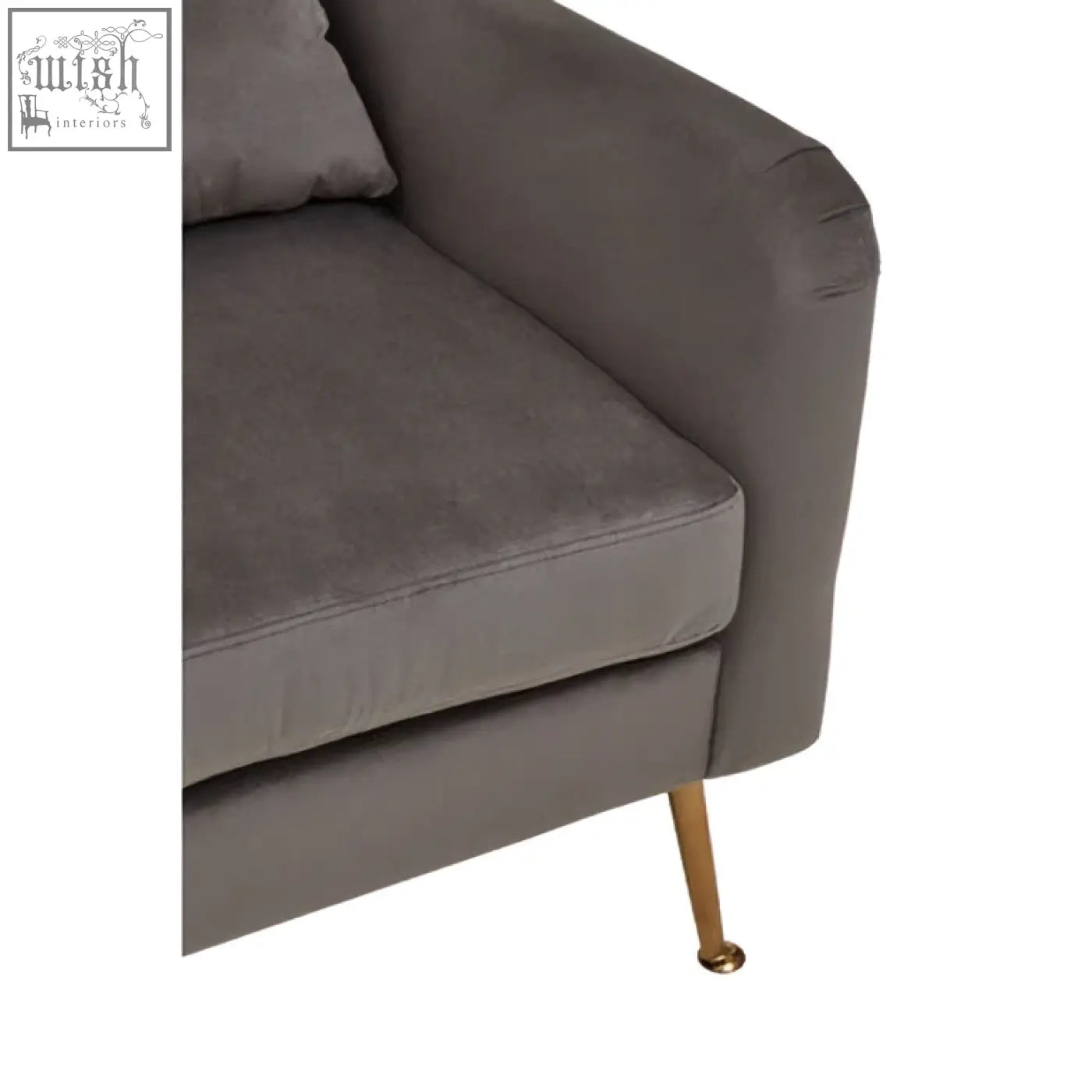 Doucet grey velvet chair with gold finish legs featuring soft grey velvet and stylish gold-tone metal legs