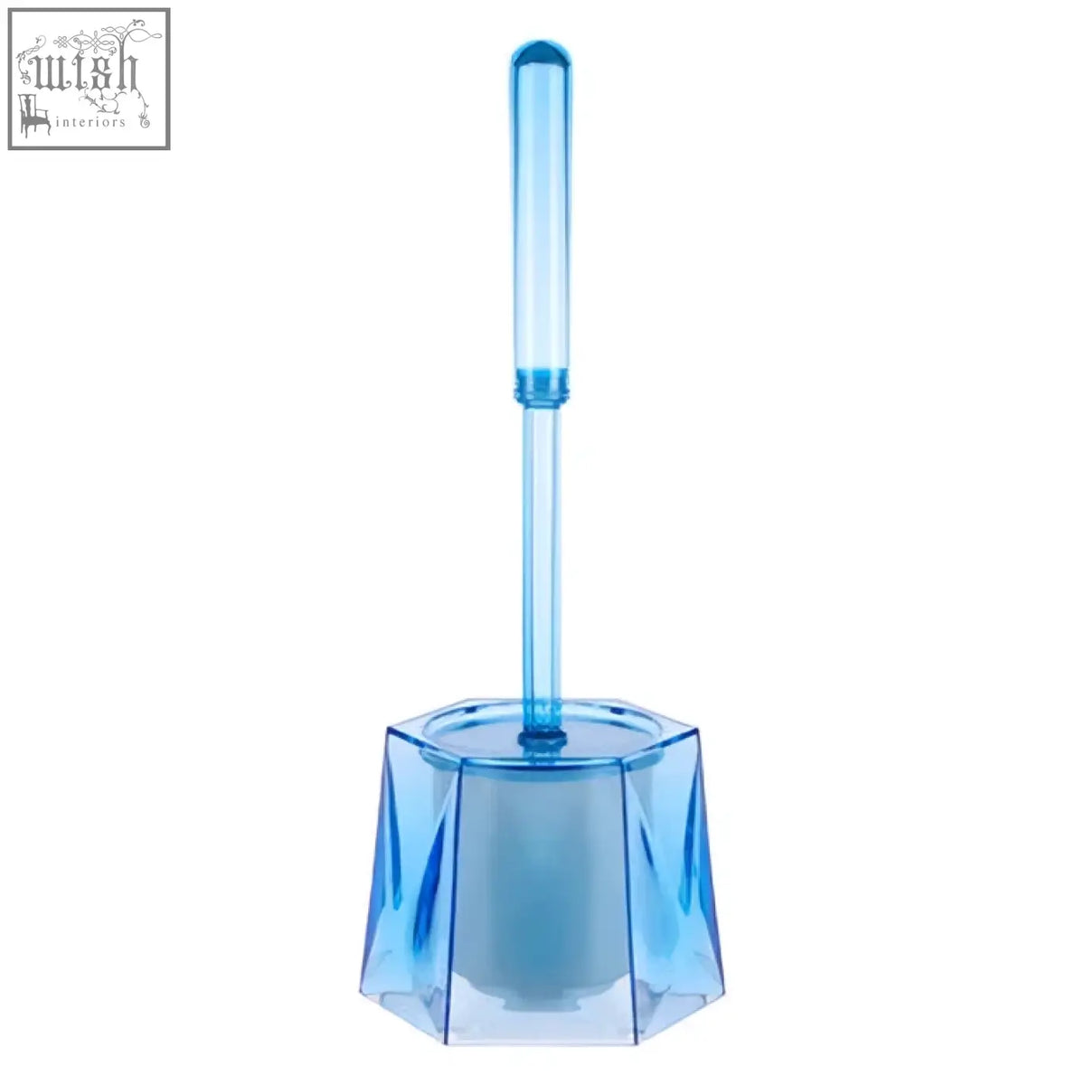 Dow blue acrylic toilet brush holder with transparent blue acrylic brush and hexagonal base for easy cleaning