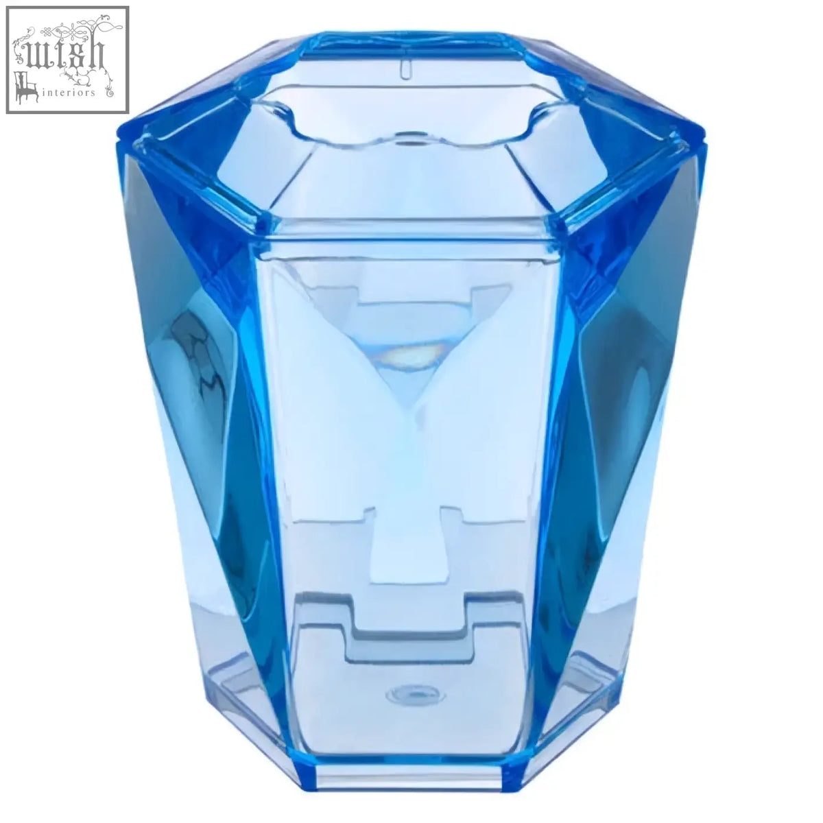 Dow blue acrylic toothbrush holder with blue translucent diamond shape and clear geometric facets for bathroom use