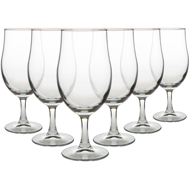 Clear glass stemmed beer glasses with tall curved bowl and slender stem set of 6 for draft beer