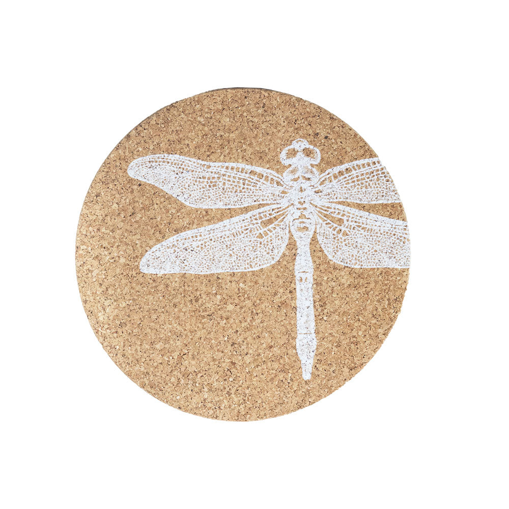 Circular portuguese cork place mat with delicate white lace-style dragonfly design for stylish table decor