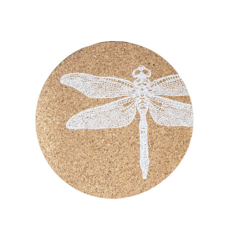 Circular portuguese cork place mat with delicate white lace-style dragonfly design for stylish table decor