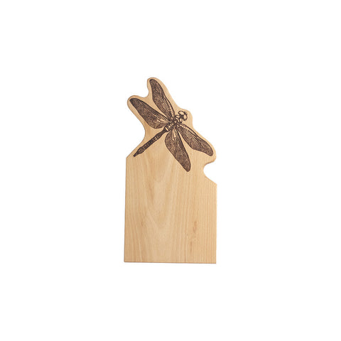 Light-colored wooden beech serving board shaped like a house with framed beech and dragonfly engraving design