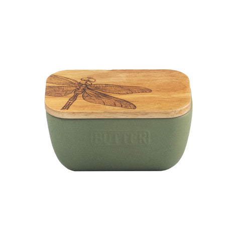 Olive green ceramic sage green butter dish with bamboo lid engraved with dragonfly design perfect green butter dish