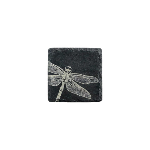 Black slate coaster with an intricately etched white dragonfly design perfect for stylish drink placement