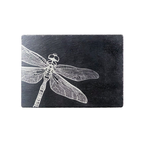 Black slate cheese board with detailed white etched dragonfly design perfect for serving cheese and snacks