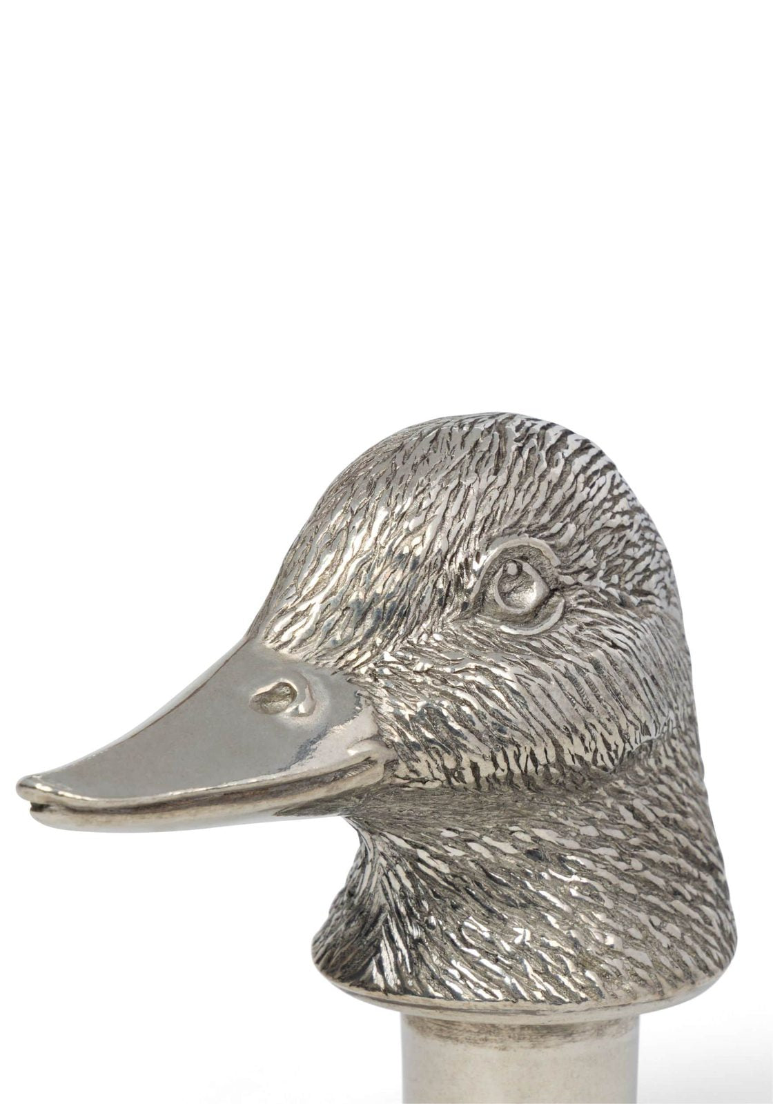 Silver-plated drake whisky stopper shaped like a duck with detailed feather texture and polished beak design