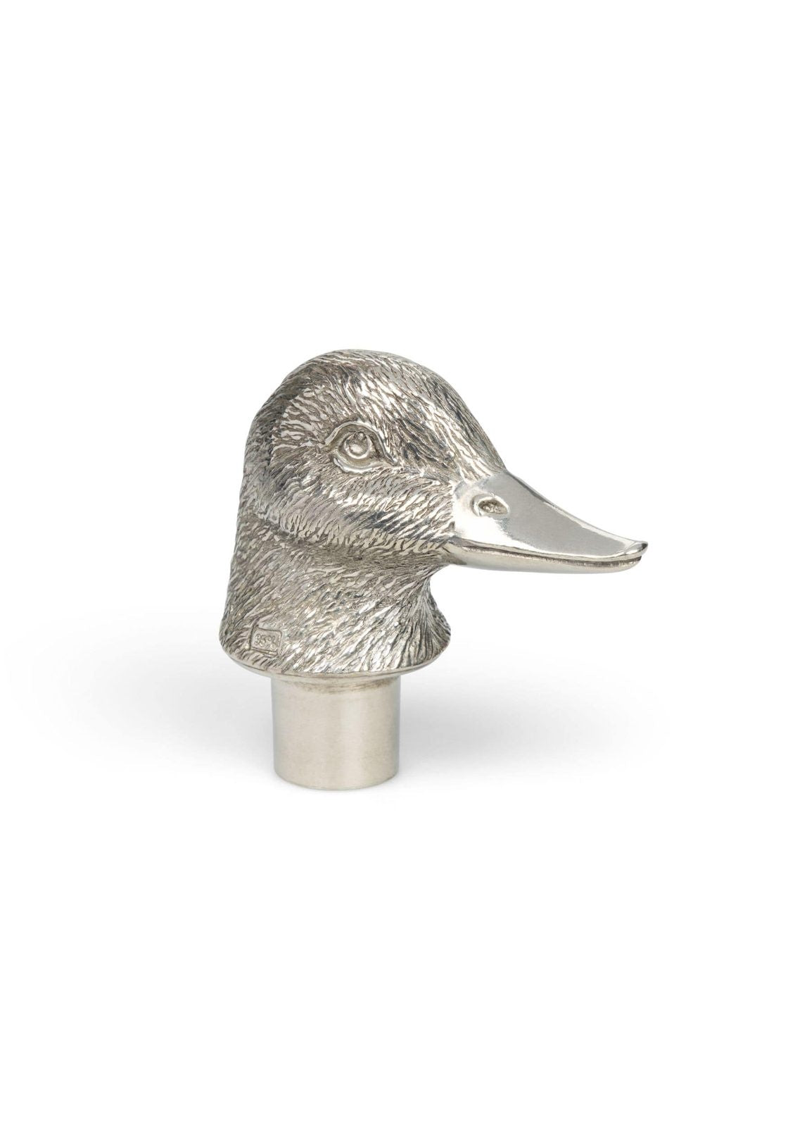 Silver-toned metal drake whisky stopper with detailed feather texture and polished beak for whisky bottles