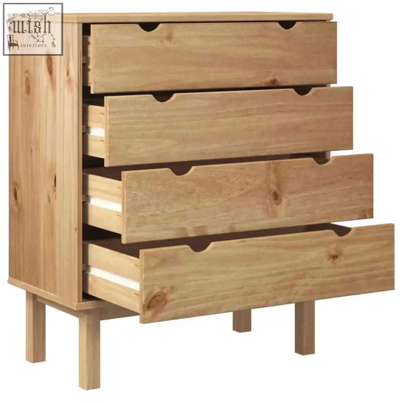 Draven pinewood chest of drawers in light solid pine wood with four spacious drawers and sleek minimalist legs