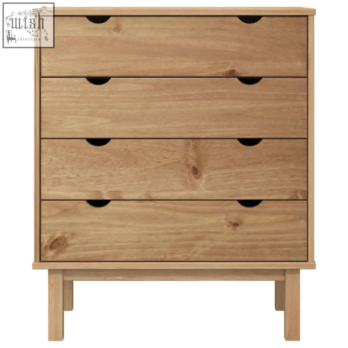 Light wood draven pinewood dresser with four spacious drawers made of solid pine wood and black circular handles