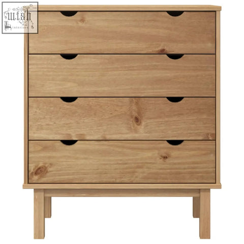Light wood draven pinewood dresser with four spacious drawers made of solid pine wood and black circular handles