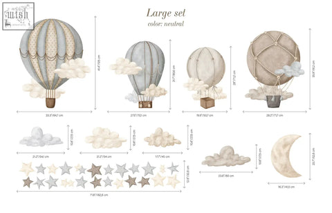 Set of four dreamy hot air balloon wall decals in neutral tones with dotted and mesh patterns for kids room