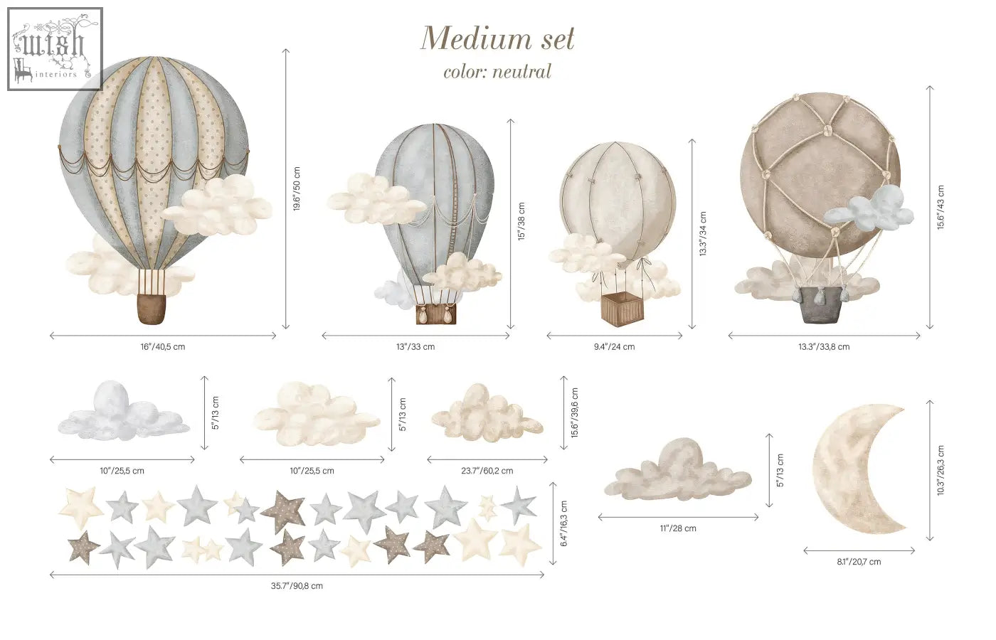 Dreamy hot air wall decals in neutral beige gray cream tones with fabric-like patterns for nursery and kids room