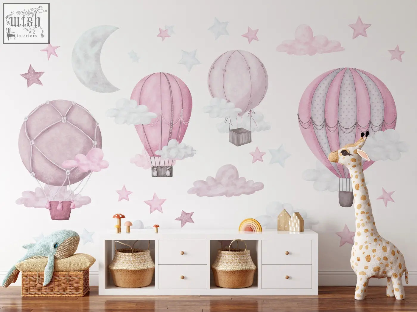 Pastel pink and gray dreamy hot air balloon wall decals with cloud and star motifs for nursery and kids room