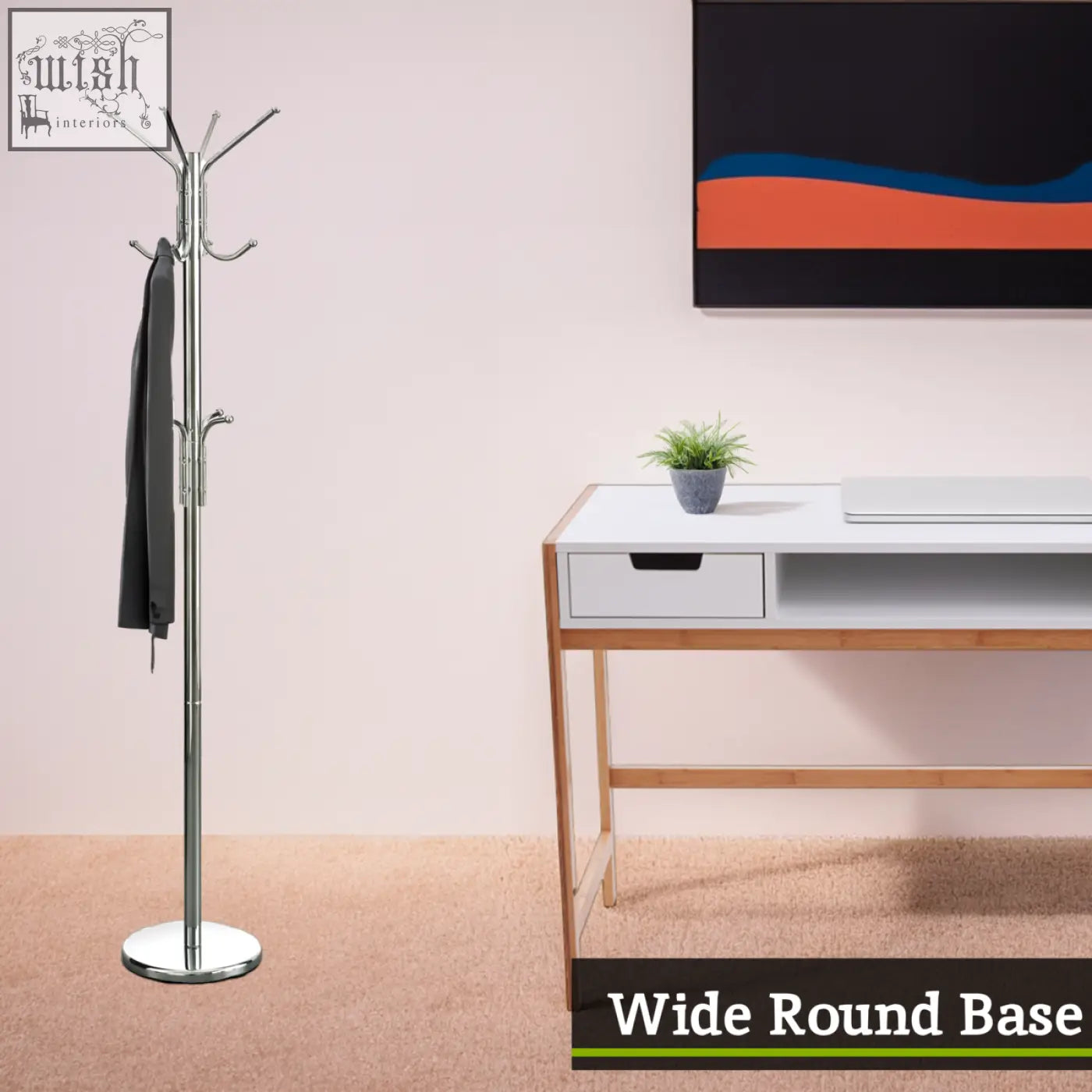 Chrome finished metal coat stand with wide round base and multiple curved hooks for floor standing use
