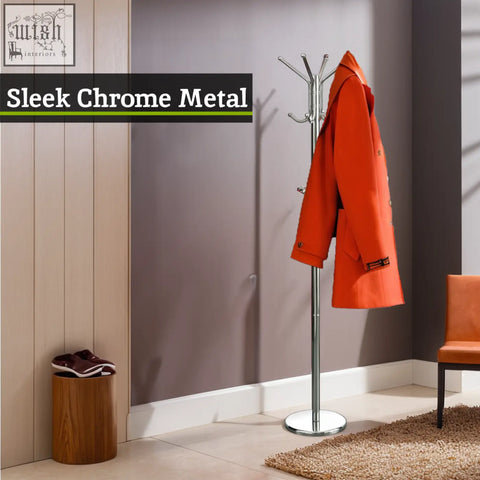 Sleek chrome metal floor standing coat stand with a modern minimalist design perfect for any entryway
