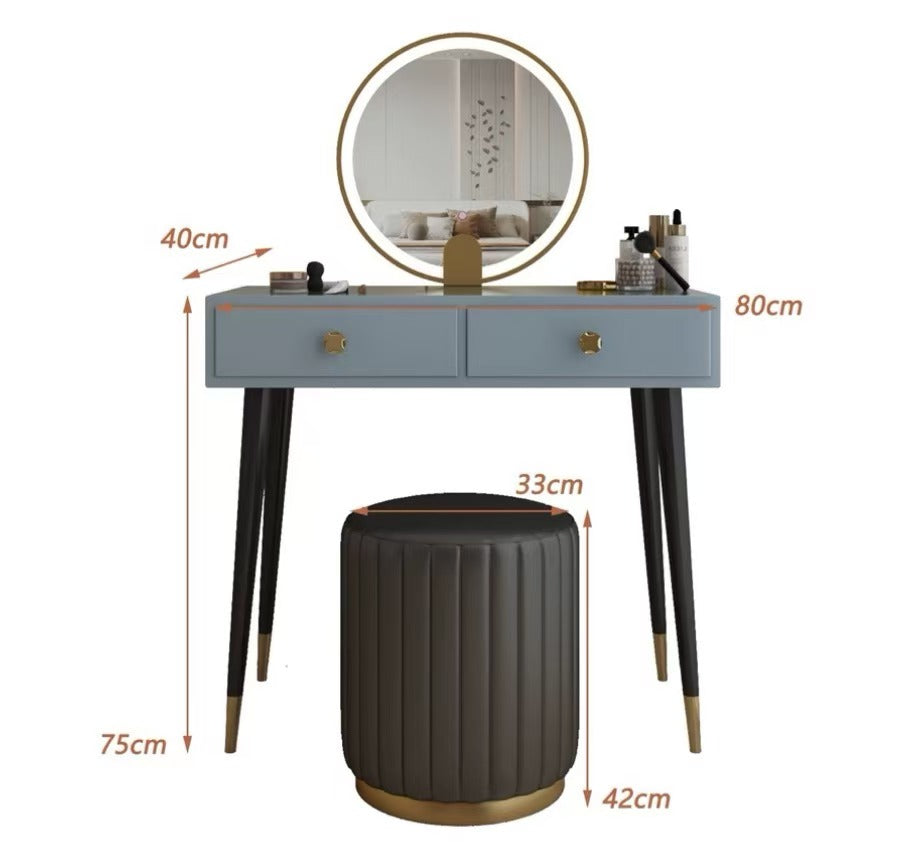 Modern light blue drew dressing table with gold hardware and black legs paired with dark brown pleated stool with gold base
