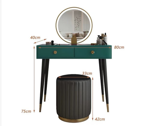 Teal green drew dressing table with gold-finished legs and round led mirror for stylish vanity setup