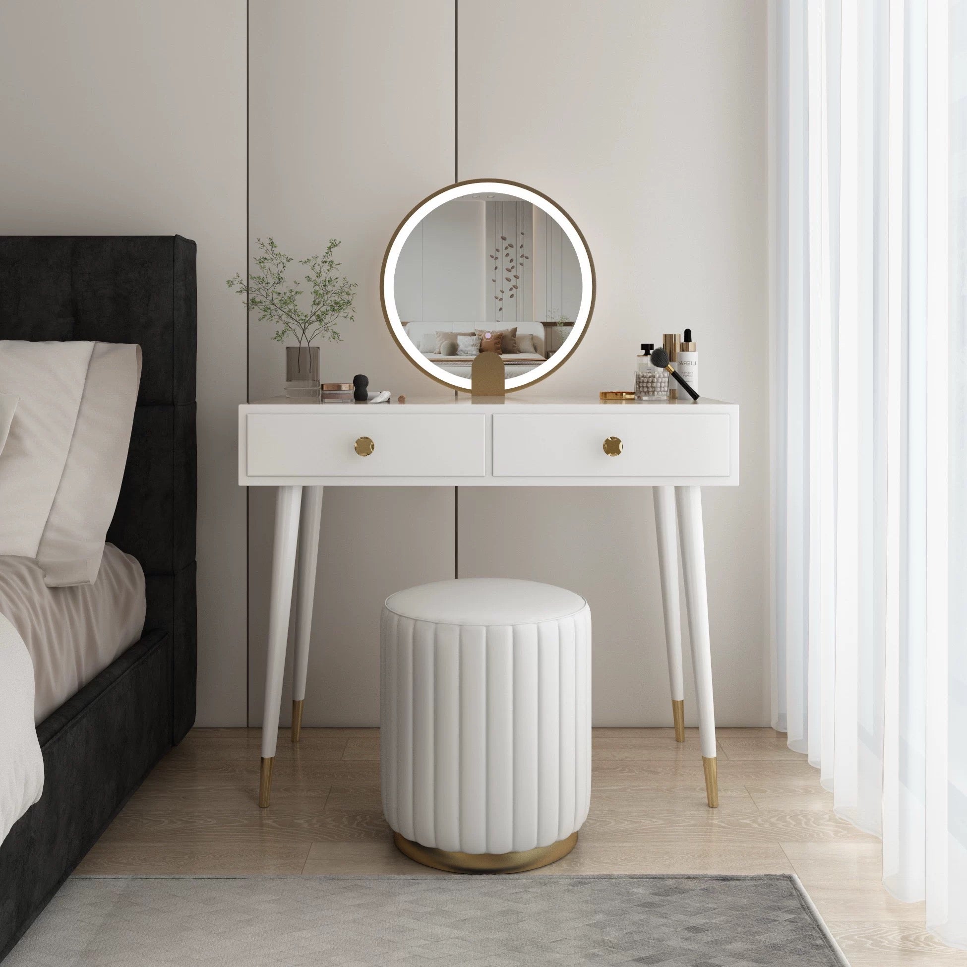White drew dressing table with gold-tone legs and round led mirror perfect for stylish vanity setups