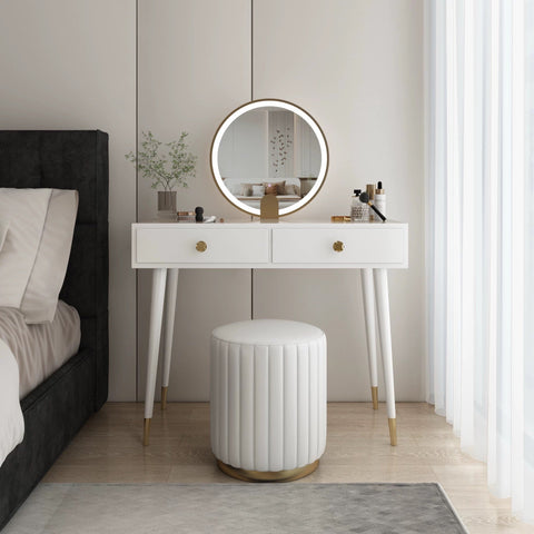 White drew dressing table with gold-tone legs and round led mirror perfect for stylish vanity setups