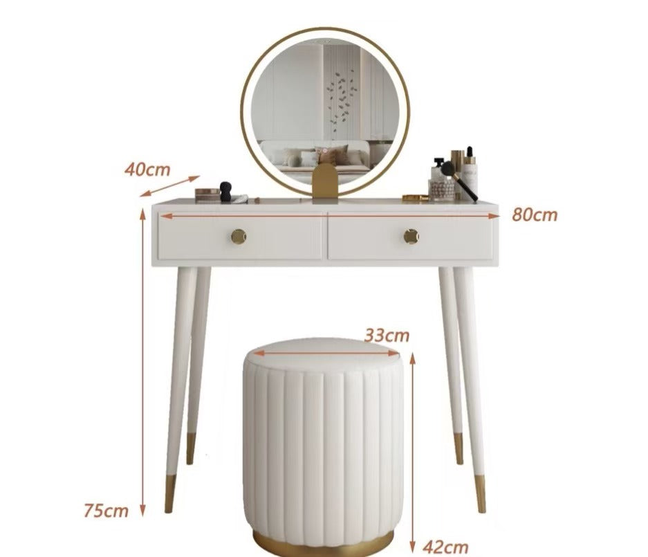 White drew dressing table with gold-tone legs and circular led mirror paired with matching tufted stool