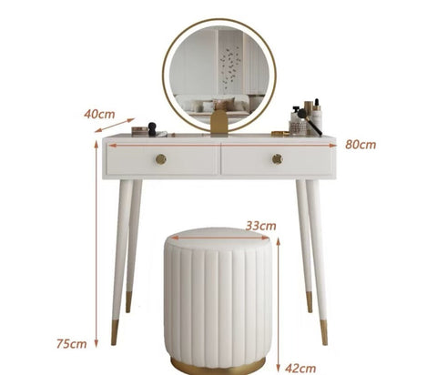 White drew dressing table with gold-tone legs and circular led mirror paired with matching tufted stool