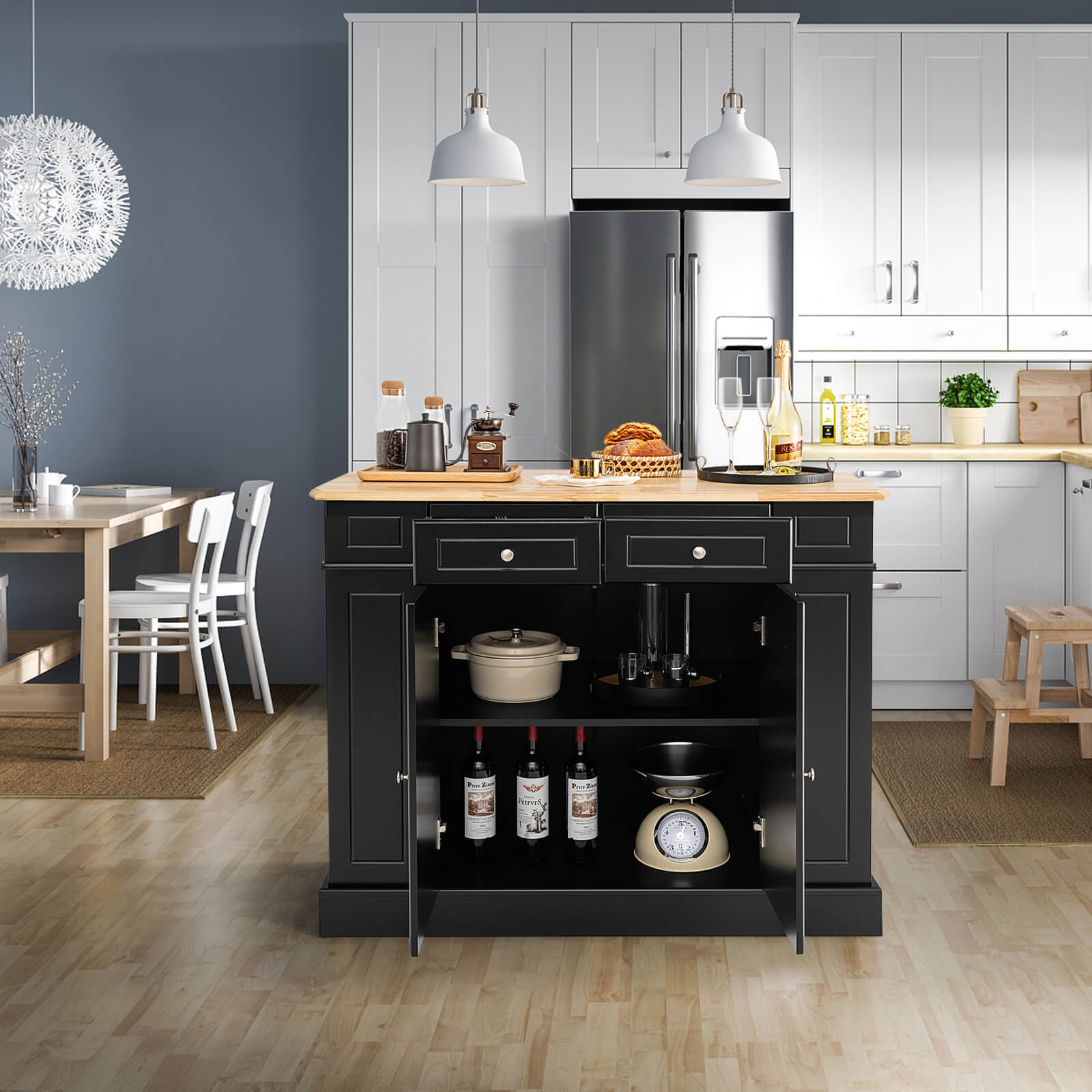 Black drop leaf kitchen island with rubber wood countertop and open shelves for flexible kitchen storage and workspace