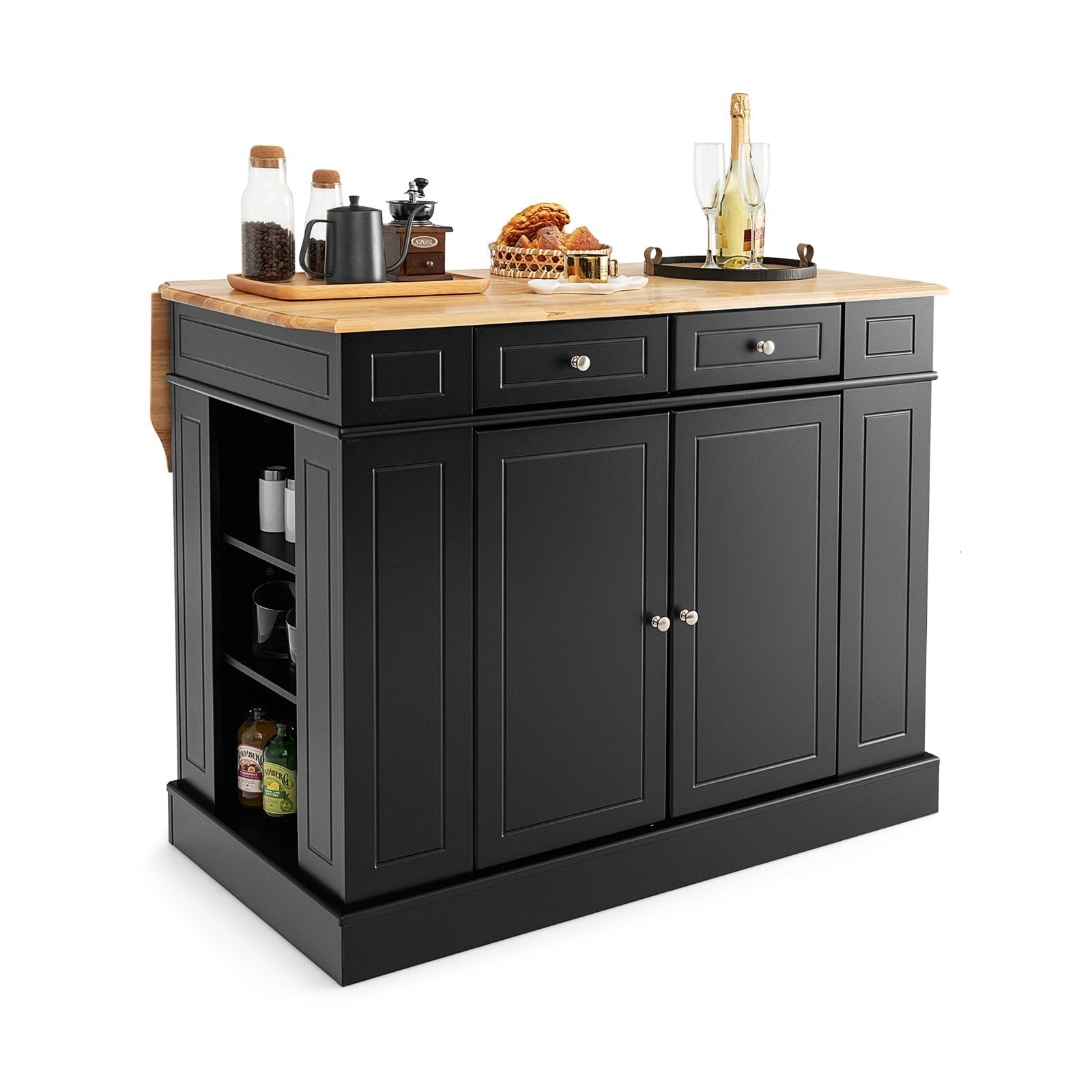 Black drop leaf kitchen island with rubber wood countertop and side shelf storage for extra space