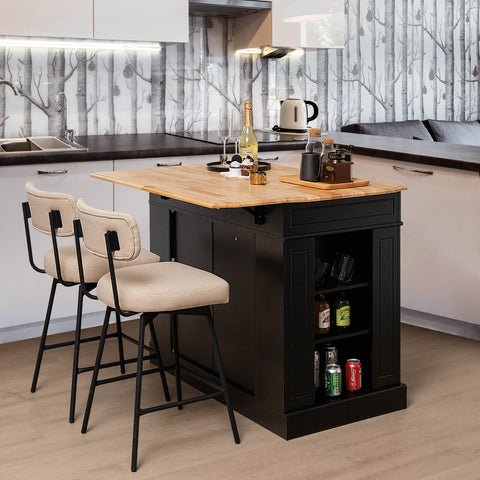 Black kitchen island drop leaf with light wood rubber wood countertop and built-in adjustable storage shelves