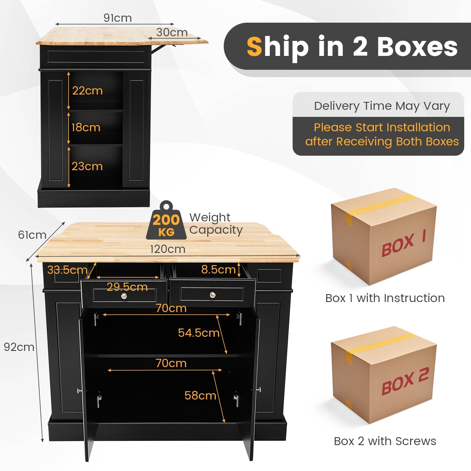 Black kitchen island with drop leaf extendable worktop and adjustable rubber wood shelves and drawers