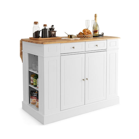 White kitchen island with drop leaf and light rubber wood countertop with side shelf storage in black finish