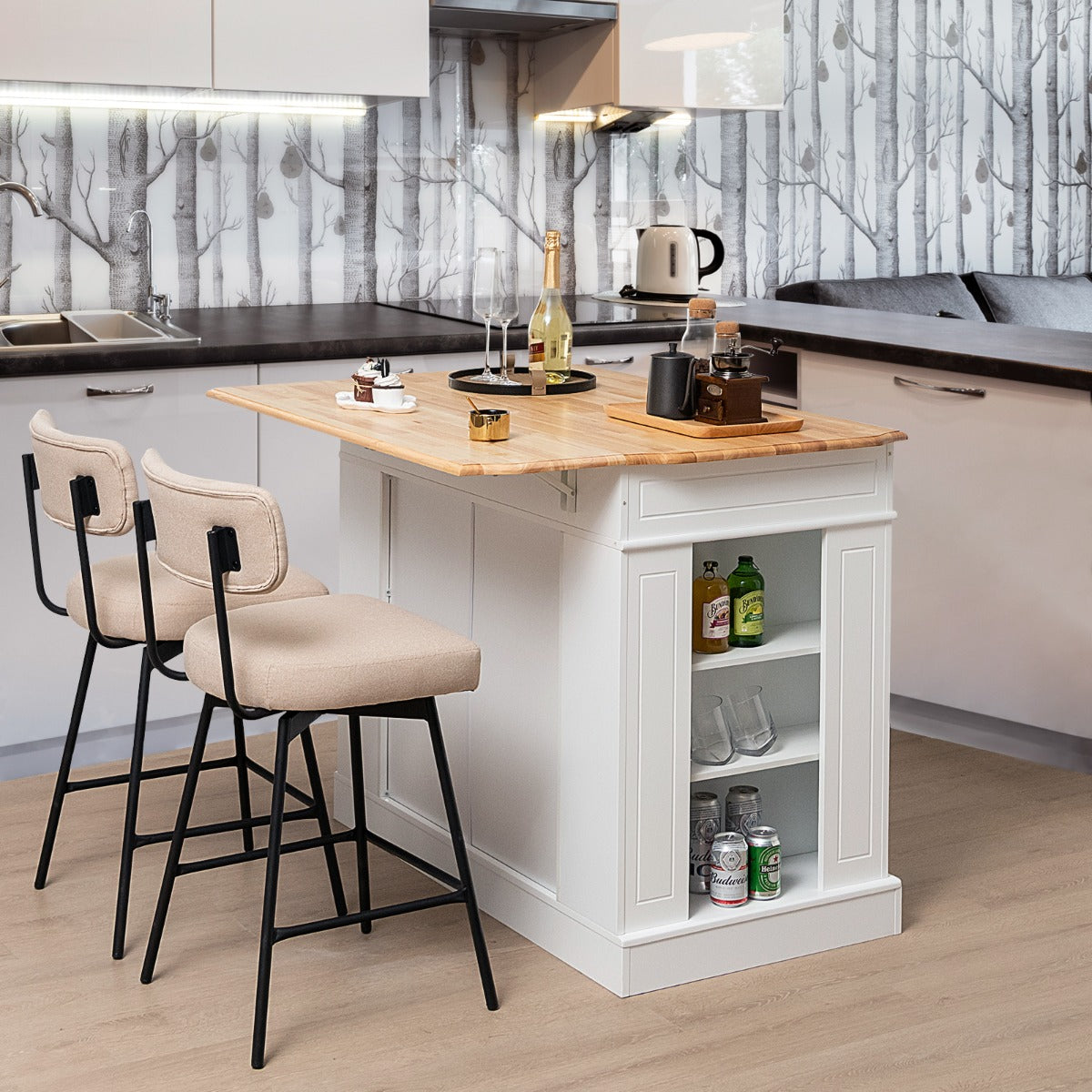 White kitchen island with drop leaf extendable worktop and rubber wood shelves in black finish