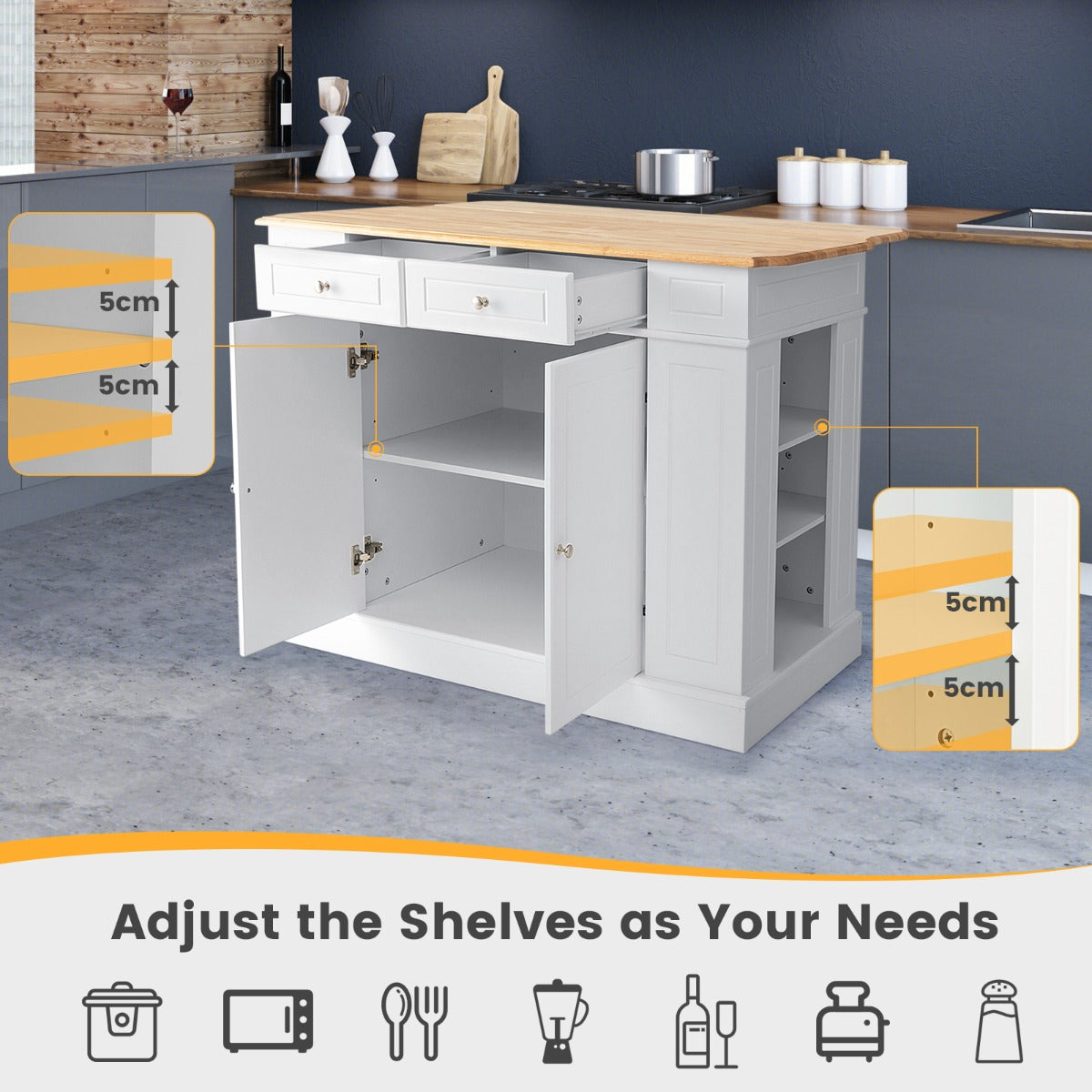 White drop leaf kitchen island with rubber wood light wood countertop and adjustable shelves for extra storage