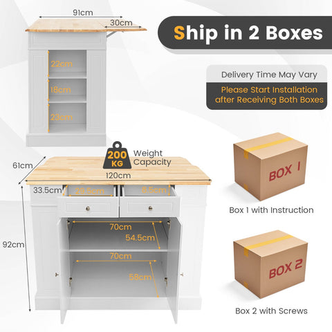 White drop leaf kitchen island with rubber wood countertop, two drawers, and open shelving for extra storage