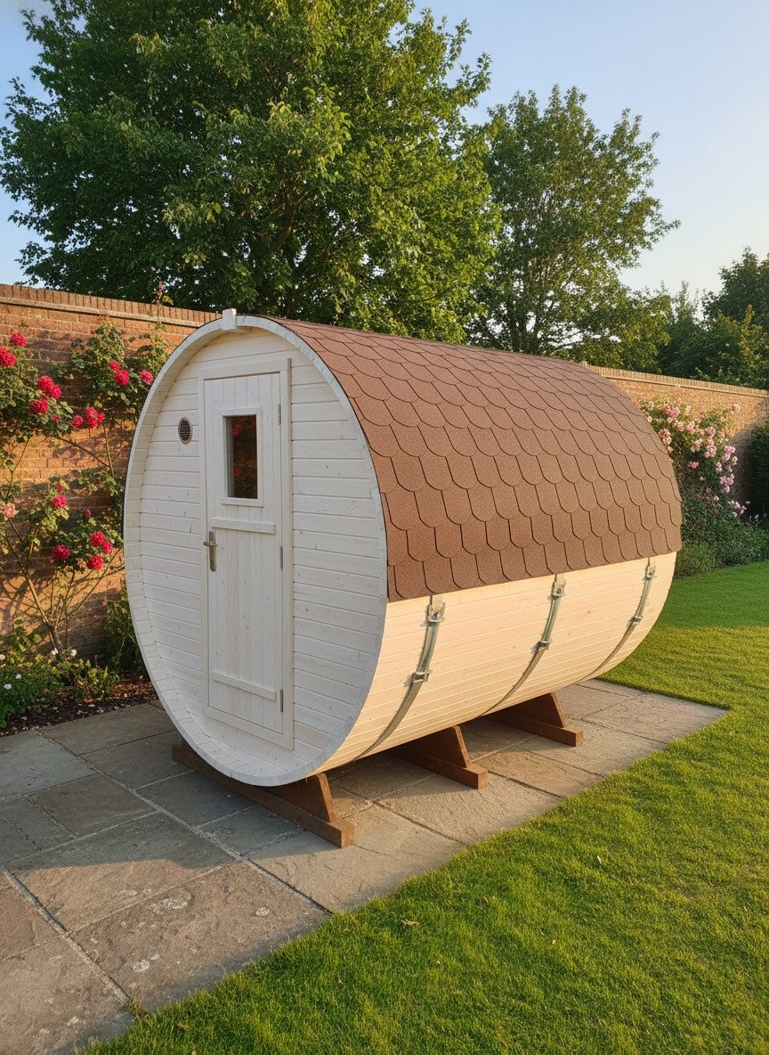 Steam & Oak Gas Barrel Sauna 2.4m with Porch (Electric or Wood-Fired)