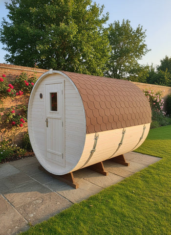 Steam & Oak Gas Barrel Sauna 2.4m with Porch (Electric or Wood-Fired)