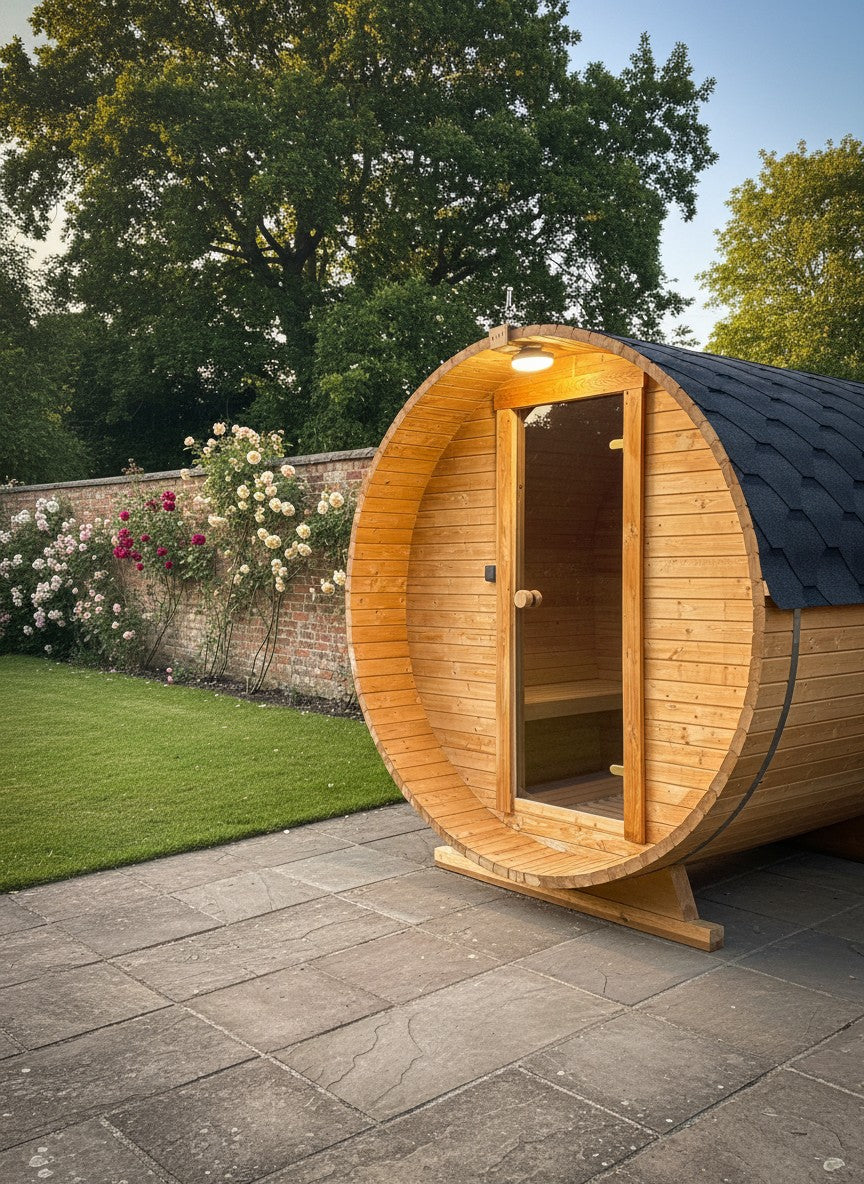 Steam & Oak Gas Barrel Sauna 2.4m with Porch (Electric or Wood-Fired)