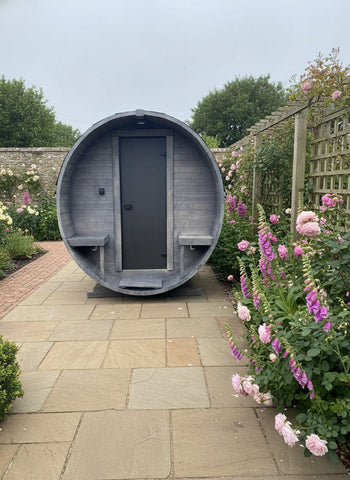 Steam & Oak Gas Barrel Sauna 2.4m with Porch (Electric or Wood-Fired)