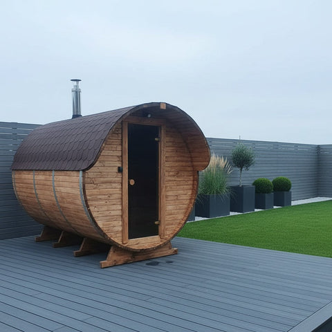 Steam & Oak Gas Barrel Sauna 3m Canopy + Anteroom (Electric or Wood-Fired)