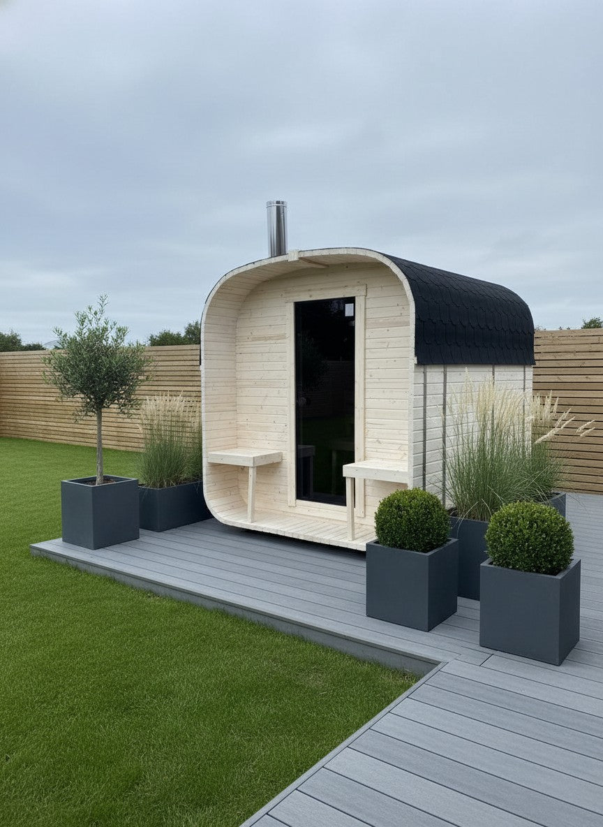 Steam & Oak Gas Cube Sauna 2.4m with Porch (Electric or Wood-Fired)