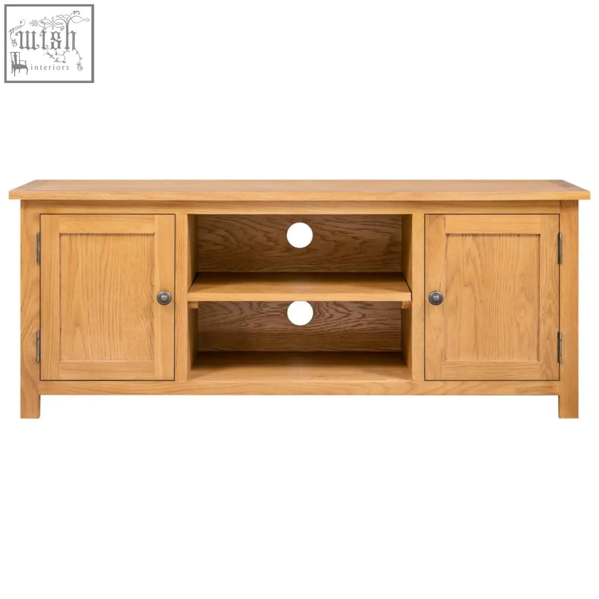 Light oak wood tv cabinet dros oakwood 110cm with two cabinet doors and two open compartments for storage