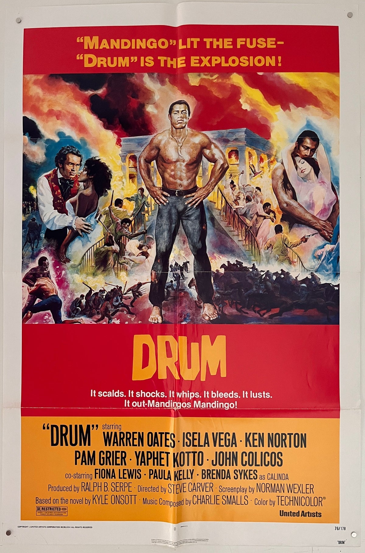 Vibrant red and yellow movie poster for 1976 film drum with muscular shirtless man center stage against explosive backdrop